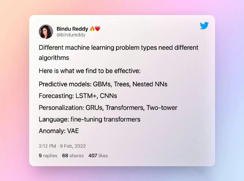 Bindu Reddy：不同的 #机器学习 问题类型，需要不同的算法