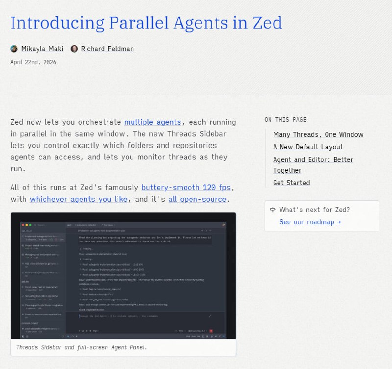 多 AI 智能体并行协作，Zed 重新定义代码编辑范式 | blog提要：Zed 推出了并行 Agent 功能，允许在同一个窗口内同时运行多个 AI 智能体
