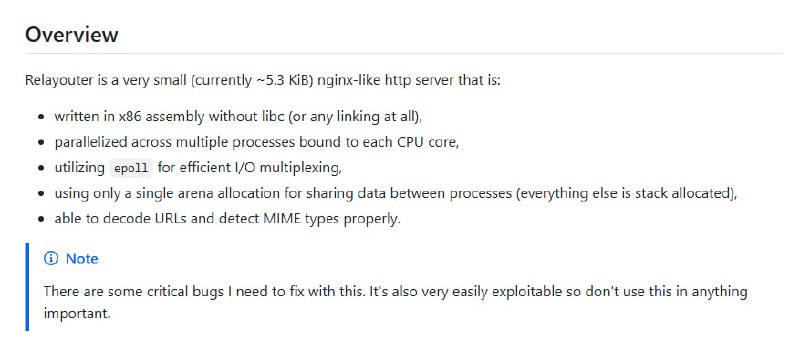 Relayouter：一个极简、多进程、高性能的 x86 汇编编写的 HTTP 服务器，体积仅约 5.3 KiB，堪称极致轻量与速度的结合体