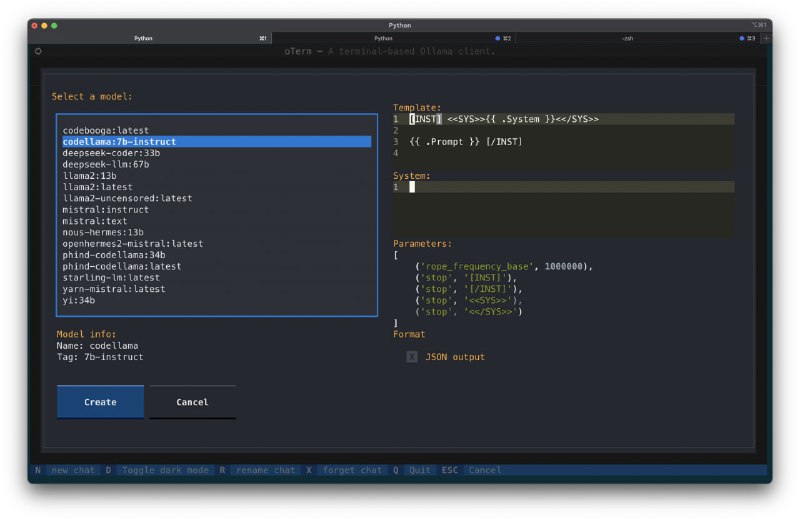 oterm：Ollama的文本终端客户端-直观简单的终端用户界面，无需运行服务器、前端，只需oterm在终端中输入即可