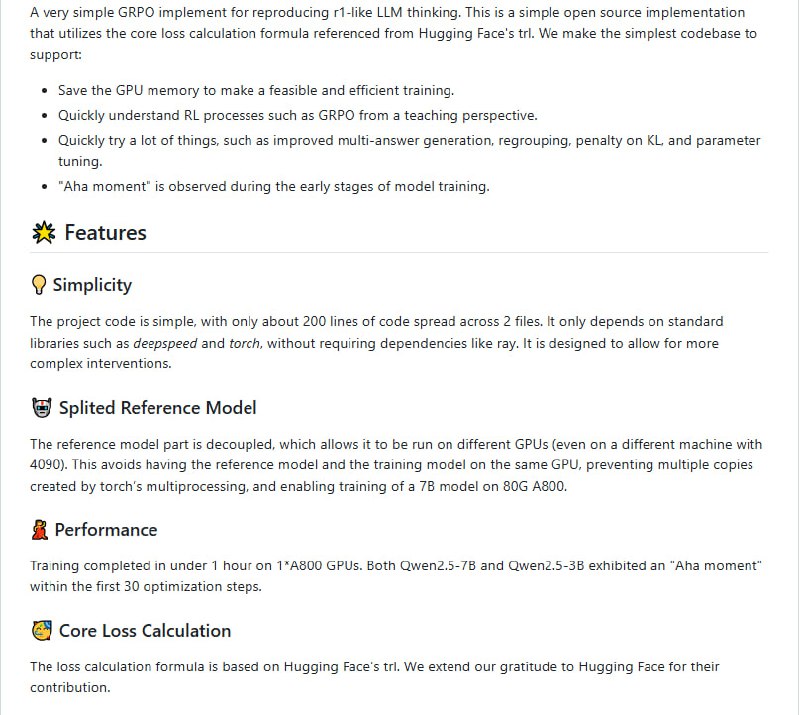 simple_GRPO：一个简单的 GRPO（Generative Reinforcement Learning for Policy Optimization）实现，旨在复现类似 r1 的大型语言模型（LLM）思维过程