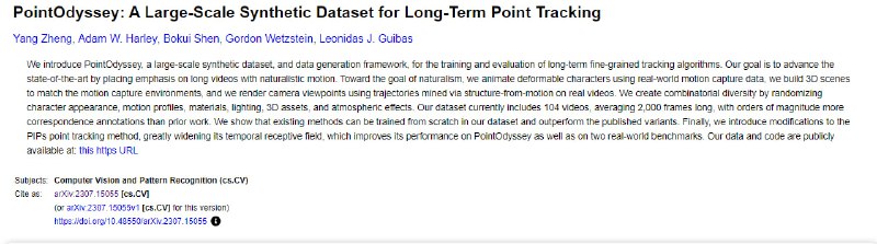 PointOdyssey是一个大规模合成数据集，旨在通过真实的运动捕捉数据和3D场景构建，为长期精细跟踪算法的训练和评估提供丰富的资源
