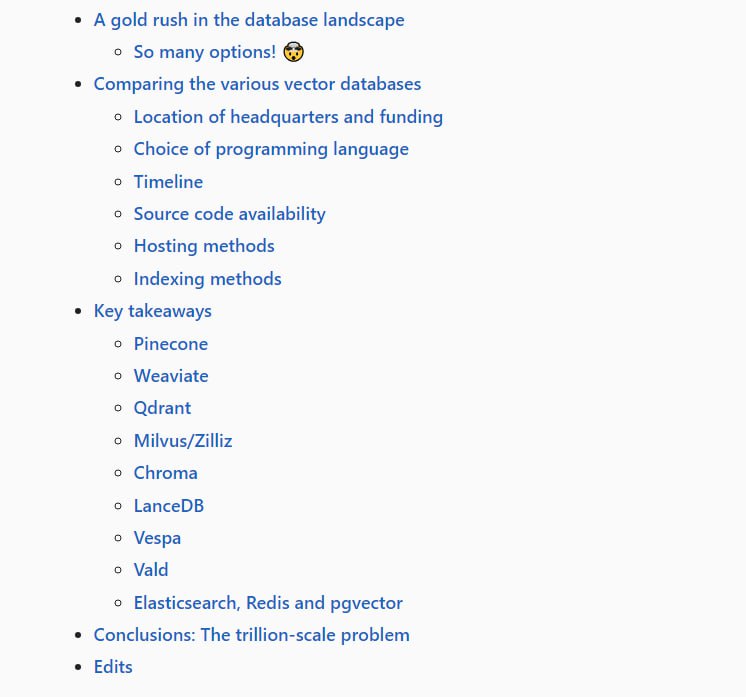 4篇系列博客介绍矢量数据库 | link | #数据库Vector databases (Part 1): 它们各自的不同之处在哪里？Vector databases (Part 2): 了解其内部结构Vector databases (Part 3): 并非所有索引都是一样的Vector databases (Part 4): 分析权衡
