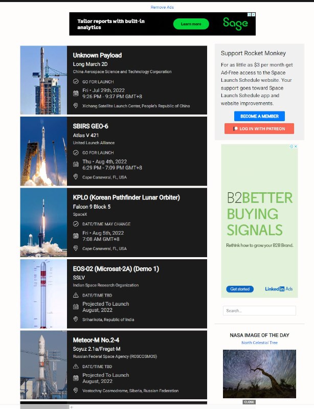 几个火箭发射时间预告网站 1、nextrocket.space 2、rocketlaunch.live3、spacelaunchschedule几个火箭发射时间预告网站 1、nextrocket.space 2、rocketlaunch.live3、spacelaunchschedule