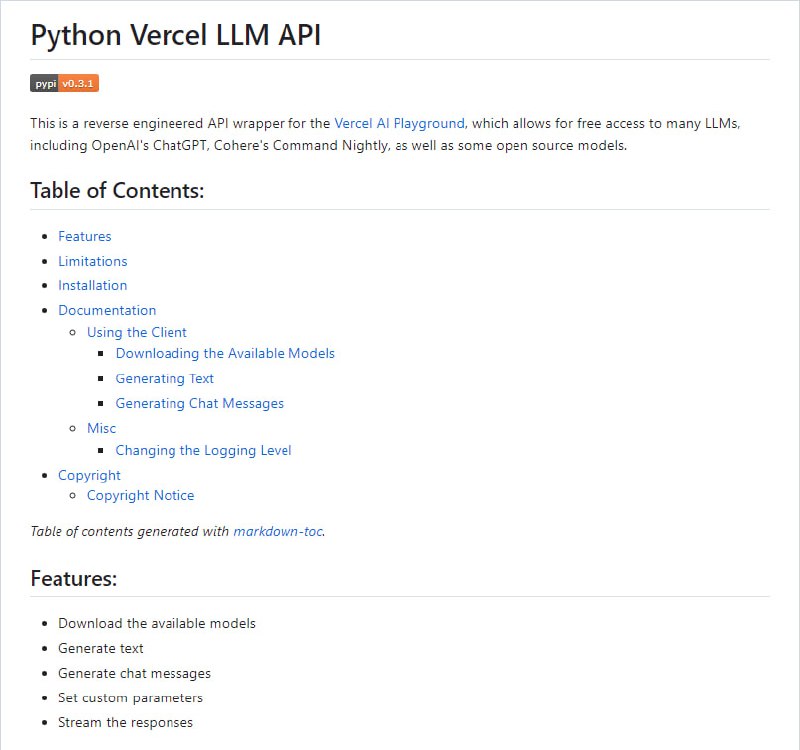 Python Vercel LLM API：用于访问 Vercel AI Playground 上的各种语言模型的逆向工程API封装，包括 OpenAI 的 ChatGPT、Cohere 的 Command Nightly 以及一些开源模型
