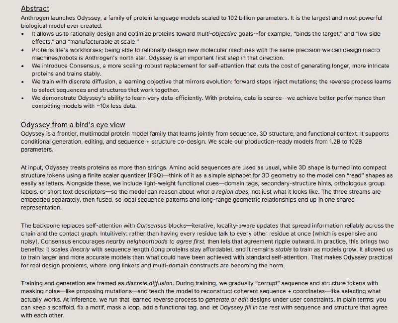 Anthrogen团队推出了Odyssey——迄今为止最大、性能最强的蛋白质语言模型，参数规模超过1020亿