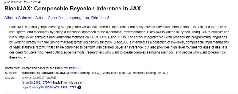 BlackJAX是一个基于Python和JAX的库，用于实现贝叶斯计算中常用的采样和变分推断算法