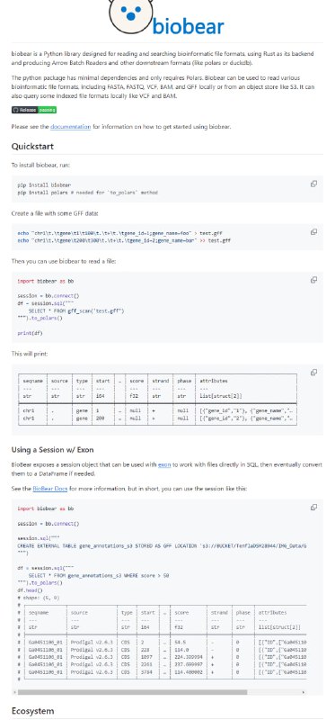 biobear：生物信息文件处理的高效Python库，使用Rust作为后端，支持Arrow、Polars和DuckDB，简化生物信息文件的读取和搜索