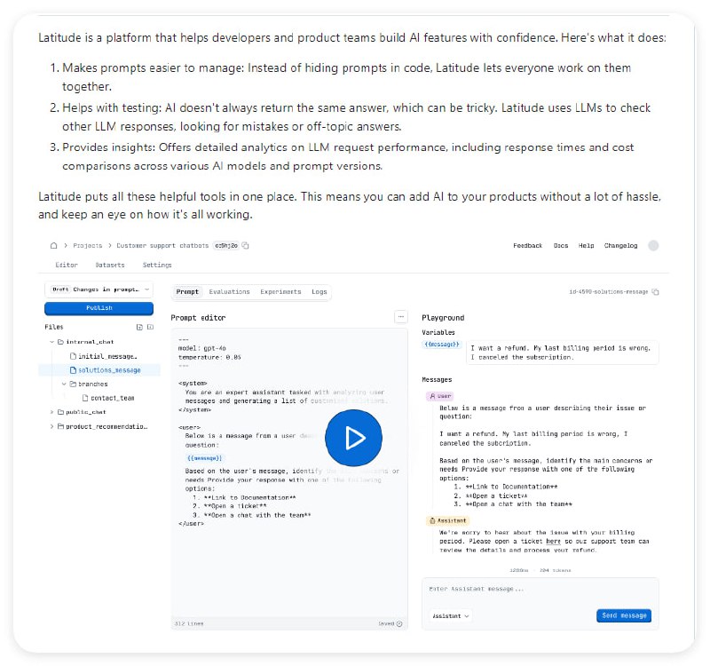 Latitude：开源的提示工程平台，旨在帮助开发者和产品团队更容易地构建和管理 AI 特性，提供协作管理、测试、性能分析和实时评估等功能，支持云端和自托管两种部署方式Latitude：开源的提示工程平台，旨在帮助开发者和产品团队更容易地构建和管理 AI 特性，提供协作管理、测试、性能分析和实时评估等功能，支持云端和自托管两种部署方式
