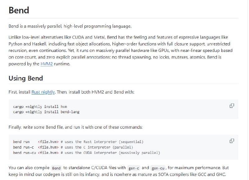 Bend：面向大规模并行硬件如 GPU 的高级编程语言，具有类似 Python 和 Haskell 的表达力，支持高阶函数、闭包、递归和续体，且无需显式并行注解