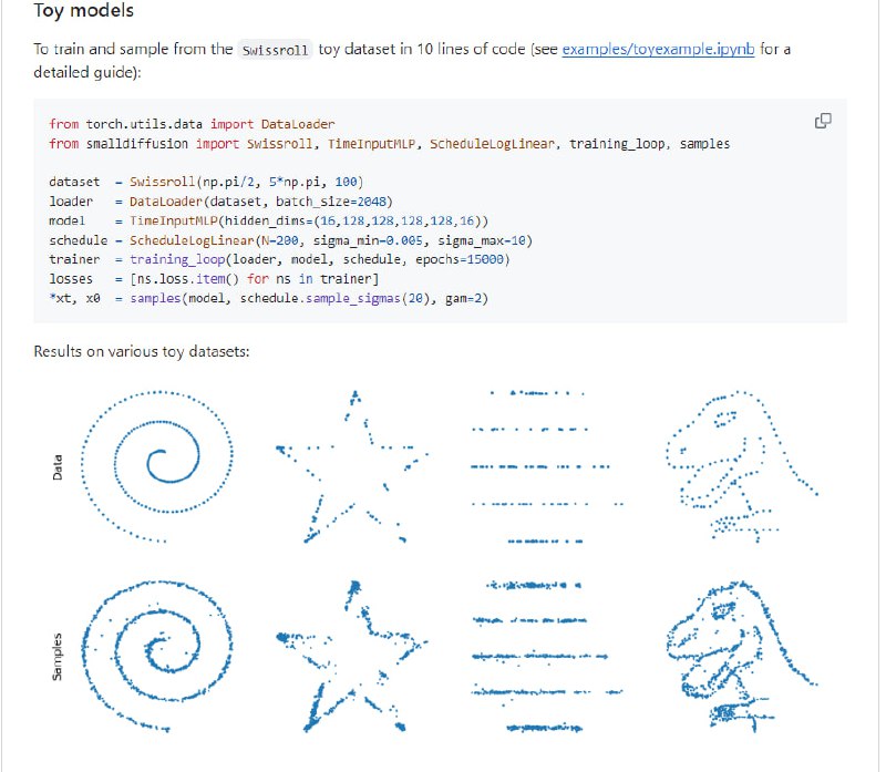 smalldiffusion：用于训练和采样扩散模型的简单易读的代码库，支持从最简单的玩具模型到最先进的预训练模型的实验，核心代码只有不到100行非常易读的pytorch代码