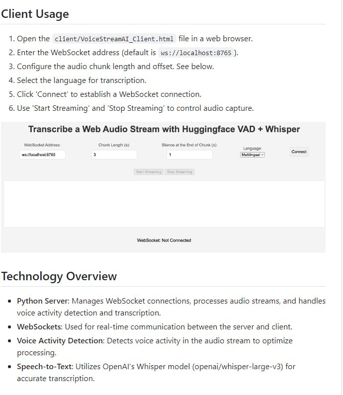 VoiceStreamAI：通过具有自托管 Whisper 模型的 WebSocket 进行近实时语音转录VoiceStreamAI 是一种基于 Python 3 的服务器和 JavaScript 客户端解决方案，可使用 WebSocket 实现近实时音频流和转录