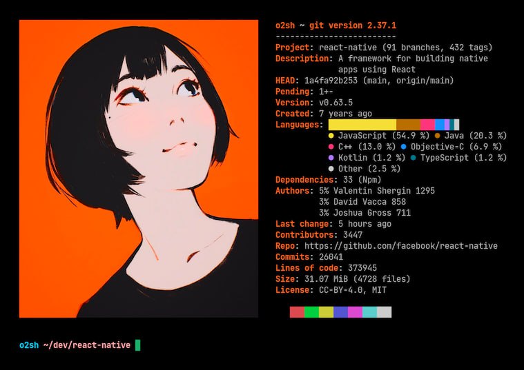 Onefetch 是一款由 Rust 编写的命令行 Git 信息工具，它将直接在终端中展示本地 Git 仓库的项目详情和代码统计等内容