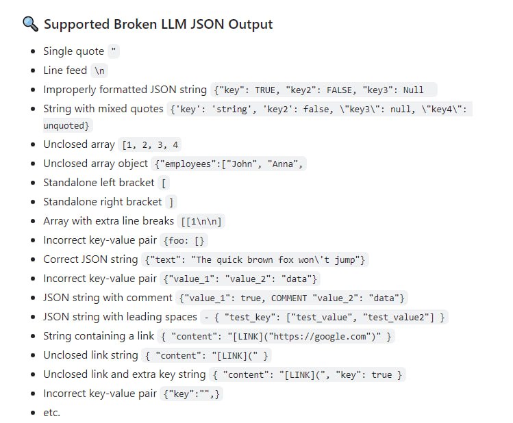 json-repair：提供了一个名为 json-repair 的工具，用于修复从语言模型(LLM)产生的 JSON 格式异常 | #工具
