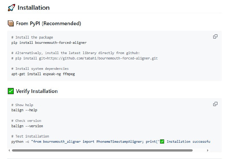 Bournemouth Forced Aligner（BFA）是一款基于 Python 的高性能语音对齐工具，专注于实现毫秒级别的音素时间戳提取，适用于语音分析、语言学研究及语音处理
