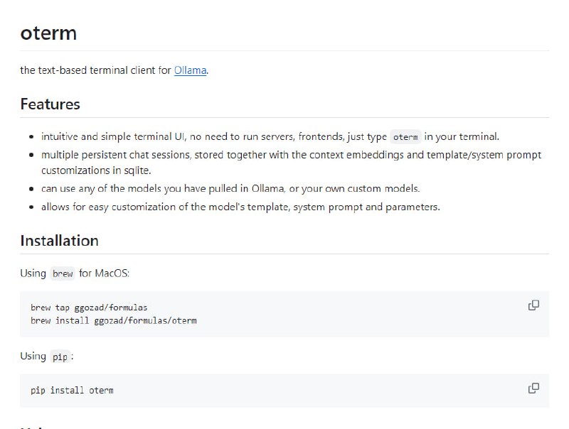 oterm：Ollama的基于文本的命令行客户端，特色在于直观简单的终端界面，无需运行服务器或前端oterm：Ollama的基于文本的命令行客户端，特色在于直观简单的终端界面，无需运行服务器或前端