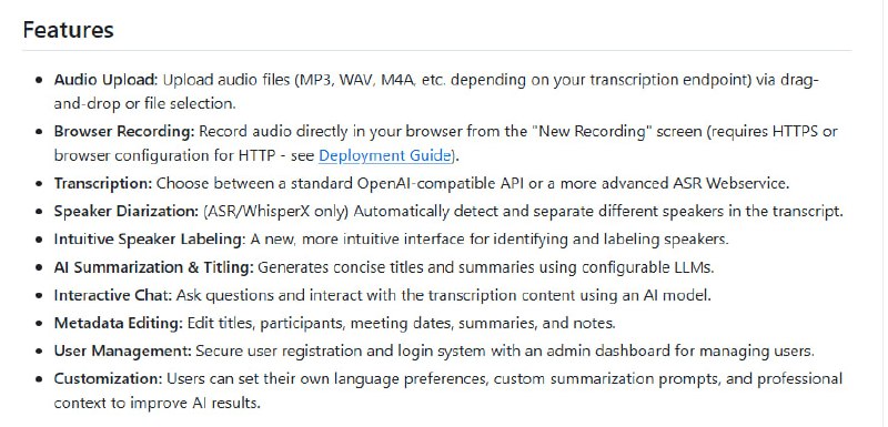 Speakr：个人音频转录与交互，轻松搞定会议记录自动识别说话人，精准标注；一键重处理转录，灵活调整设置；交互式聊天，随时提问获取总结Speakr：个人音频转录与交互，轻松搞定会议记录自动识别说话人，精准标注；一键重处理转录，灵活调整设置；交互式聊天，随时提问获取总结