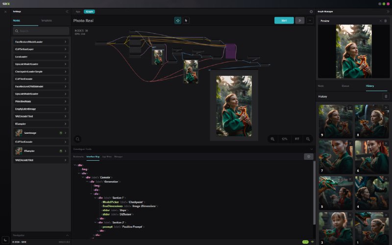 SDFX：通过漂亮界面构建和分享AI应用的无代码平台特征在复杂的工作流程之上构建和共享用户友好的应用程序100% 兼容 ComfyUI 及其所有功能可以与你现有的 Comfy 安装一起使用（使用我们的 SDFXBridgeForComfy 自定义节点）LiteGraph 几乎在打字稿中从头开始重构动画图导航节点书签和高级图形搜索闪电般快速的 UI 实例化和漂亮的高级组件（比 Gradio 快 450 倍）UI 调试器（目前还处于初级阶段）本机自定义节点管理器（感谢 Dr.Lt.Data）导出并共享应用程序和模板（组节点即将导出）高级基于图层的图像和蒙版编辑器 (WIP)高级检查点选择器和图库高级输入图像选择器现代且超快速的前端堆栈（vitejs、vuejs、电子）编译为本机应用程序（Windows、Linux、Mac）或 Web 应用程序非常容易维护和添加新功能SDFX：通过漂亮界面构建和分享AI应用的无代码平台特征在复杂的工作流程之上构建和共享用户友好的应用程序100% 兼容 ComfyUI 及其所有功能可以与你现有的 Comfy 安装一起使用（使用我们的 SDFXBridgeForComfy 自定义节点）LiteGraph 几乎在打字稿中从头开始重构动画图导航节点书签和高级图形搜索闪电般快速的 UI 实例化和漂亮的高级组件（比 Gradio 快 450 倍）UI 调试器（目前还处于初级阶段）本机自定义节点管理器（感谢 Dr.Lt.Data）导出并共享应用程序和模板（组节点即将导出）高级基于图层的图像和蒙版编辑器 (WIP)高级检查点选择器和图库高级输入图像选择器现代且超快速的前端堆栈（vitejs、vuejs、电子）编译为本机应用程序（Windows、Linux、Mac）或 Web 应用程序非常容易维护和添加新功能