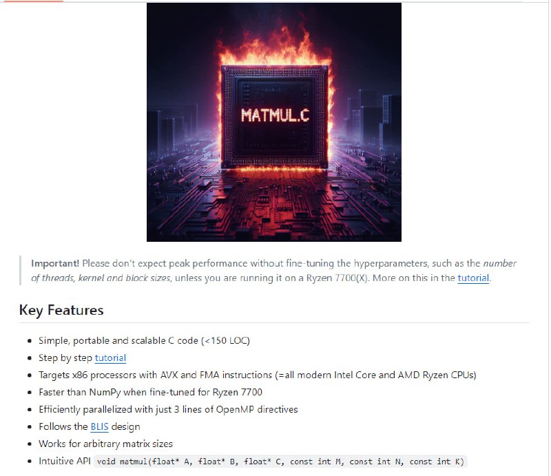 High-Performance Matrix Multiplication in C-高性能矩阵乘法C语言实现：针对现代x86处理器优化的矩阵乘法库，提供简洁、可移植、可扩展的C代码，支持AVX和FMA指令集，经过OpenMP高效并行化，性能在特定配置下超越NumPy