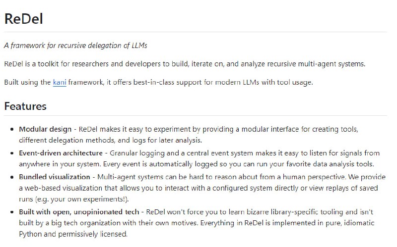 ReDel：为研究人员和开发者构建、迭代和分析递归多智能体系统的套件，提供模块化设计、事件驱动架构和内置可视化工具，支持现代大型语言模型和工具使用