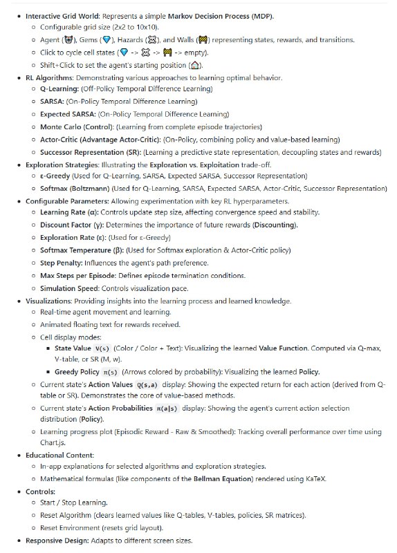 web-rl-playground：一个基于网页的强化学习算法互动演示平台，让初学者轻松上手RL支持多种经典RL算法（如Q-Learning、SARSA等），多达6种算法可选；提供丰富的可视化功能，包括状态价值、策略展示和学习进度图表；界面简洁，支持自定义网格世界，操作简单易上手web-rl-playground：一个基于网页的强化学习算法互动演示平台，让初学者轻松上手RL支持多种经典RL算法（如Q-Learning、SARSA等），多达6种算法可选；提供丰富的可视化功能，包括状态价值、策略展示和学习进度图表；界面简洁，支持自定义网格世界，操作简单易上手