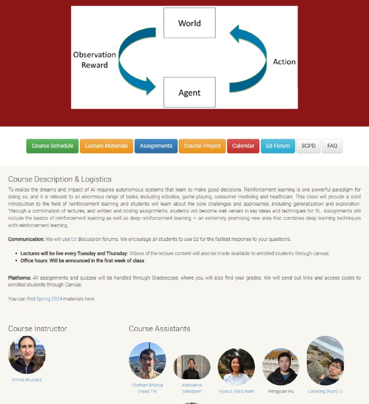 斯坦福公开课 CS234：强化学习 ，2025年冬季版 | 课件下载要实现人工智能的梦想和影响，必须依赖能够自主学习并做出正确决策的系统