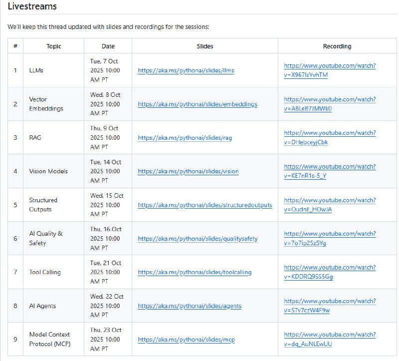 Python + AI livestream series: ResourcesAzure AI Foundry 团队在其讨论区分享的一系列关于Python与人工智能直播的优质资源，涵盖实用工具、代码示例及学习路径，旨在帮助开发者高效上手AI项目