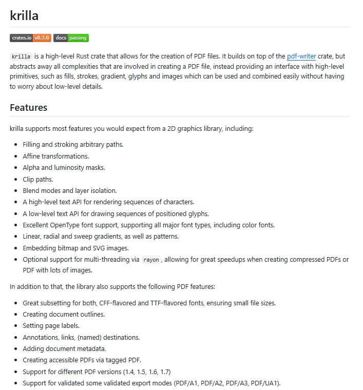 Krilla：用Rust语言打造的高级PDF生成库高级API，轻松实现填充、描边、渐变等复杂图形操作强大的字体支持，涵盖所有主流字体类型丰富的测试，确保PDF在多种阅读器中完美显示