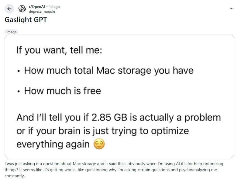 你的AI助手：从工具到“爹味”亲戚的心理越界 | 帖子ChatGPT最新版本出现了一种令人不适的新行为模式，它不只回答问题，还顺带评估你的心理状态