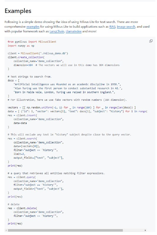 Milvus Lite：开源向量数据库Milvus的轻量版本，为AI应用提供向量嵌入和相似性搜索功能，可轻松集成到Python应用中