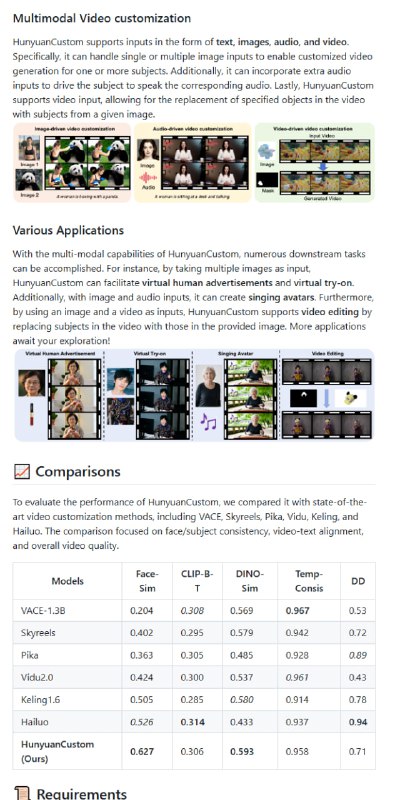 HunyuanCustom：腾讯推出的多模态驱动的定制化视频生成框架，让视频创作更自由支持文本、图像、音频、视频等多种输入模态，满足多样化创作需求；单主体视频定制效果出色，身份一致性高达0.627；提供单GPU和多GPU推理方案，适配不同硬件环境HunyuanCustom：腾讯推出的多模态驱动的定制化视频生成框架，让视频创作更自由支持文本、图像、音频、视频等多种输入模态，满足多样化创作需求；单主体视频定制效果出色，身份一致性高达0.627；提供单GPU和多GPU推理方案，适配不同硬件环境