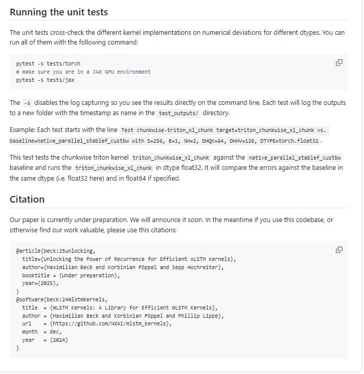 NX-AI mLSTM Kernels：提供了一套快速高效的 mLSTM 核心库，支持并行、分块和循环步骤的处理方式，并提供了 PyTorch 和 JAX 的封装