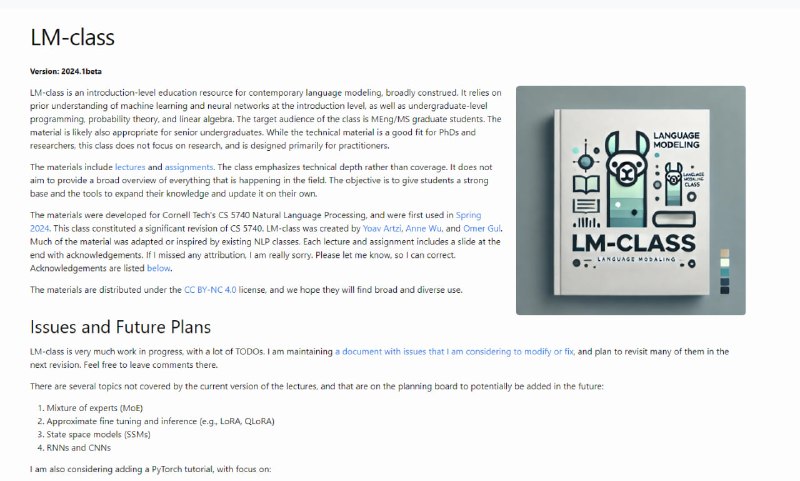 LM-class：现代语言模型教育资源，面向机器学习和神经网络基础的研究生，强调技术深度而非广度，提供强基础和自我更新知识的工具