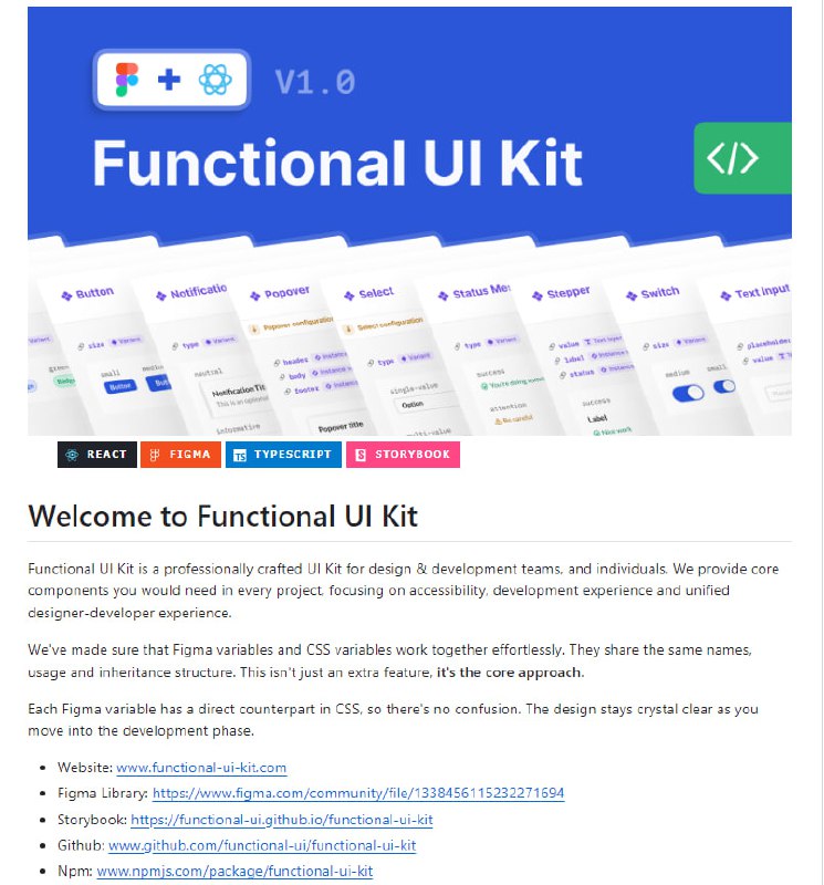 Functional UI Kit：专业设计和开发团队的UI组件库，提供精确的Figma和React组件，集成最佳实践、统一属性命名和一致的设计代码