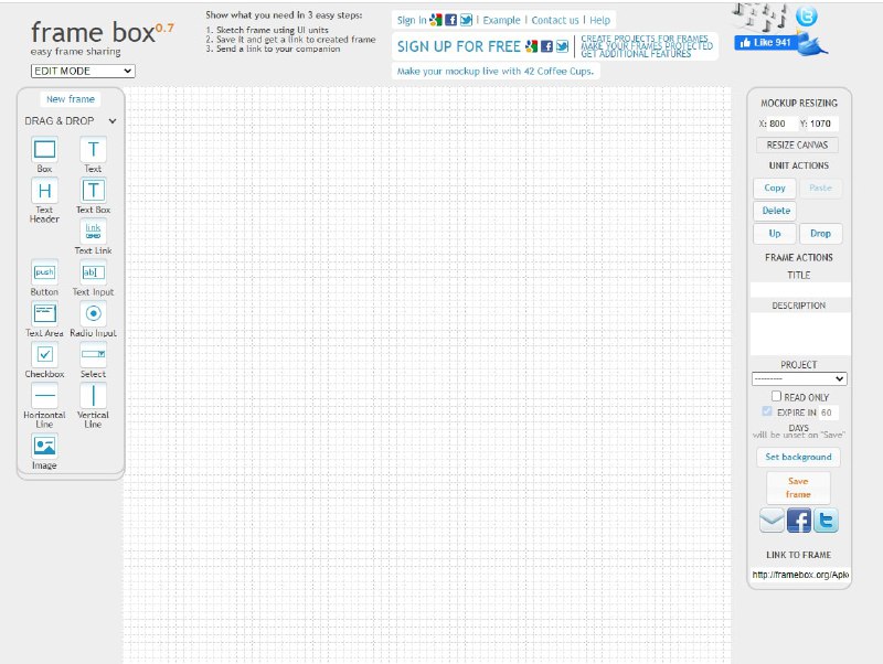 FrameBox: 在线轻量级框架制作 #工具 ，可以让你轻松绘制用户界面草图、单元框架，交互界面图的在线工具，支持拖拽操作，尺寸调整等简易的绘制功能，让你快速的完整界面设计并分享给客户预览注册成为用户后可以添加更多的设置参数，还可以保存你的绘制作品