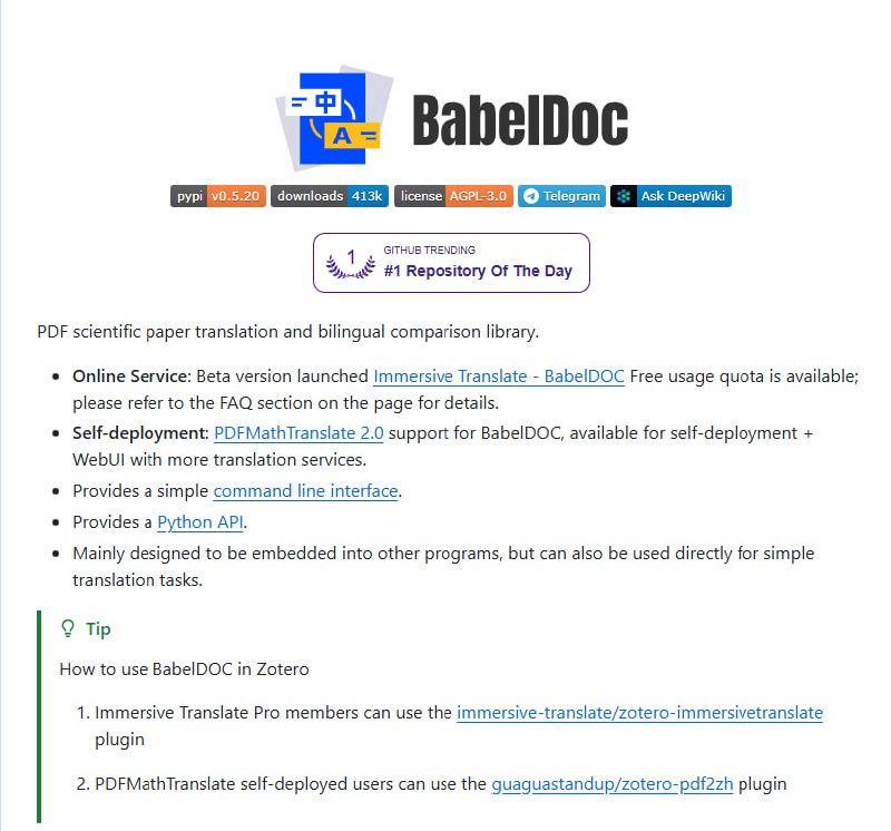BabelDOC：免费开源，翻译 PDF 文档的能力挺好，能保持格式几乎一模一样，同时支持各种大模型用来翻译 | #工具BabelDOC：免费开源，翻译 PDF 文档的能力挺好，能保持格式几乎一模一样，同时支持各种大模型用来翻译 | #工具