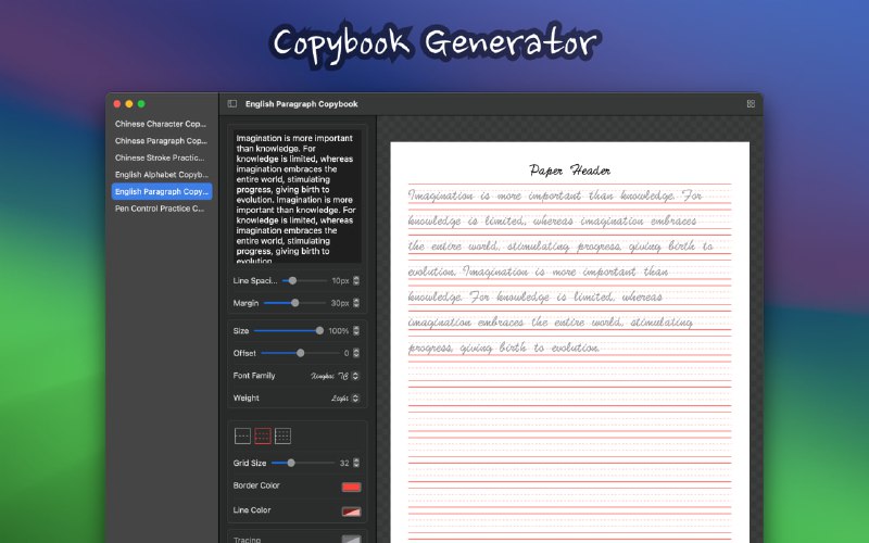 Copybook Generator：多用户需求的练字本生成工具，提供中文、英文及笔控练习等多种练字本类型，支持个性化定制，满足不同年龄和学习阶段用户的书写练习需求 | #工具 #生成器主要特点类型多样■ 汉字练习字帖：适用于汉字书写练习，帮助用户掌握汉字的正确书写方法