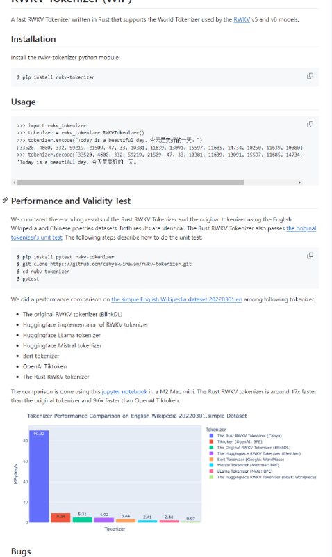 基于Rust的快速文本分词工具，支持RWKV v5和v6模型使用的World Tokenizer，提供Python模块安装与使用，通过性能和有效性测试，与原始分词器结果一致，速度显著提升RWKV Tokenizer | #工具