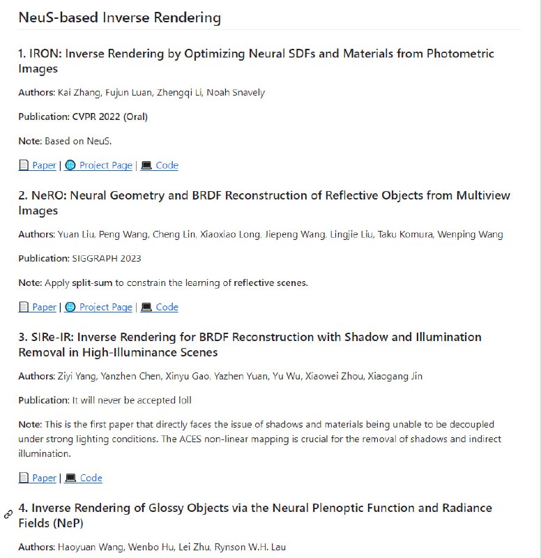 收集了基于 NeRF的逆渲染论文的资源集合 | Awesome-Inverse-Rendering收集了基于 NeRF的逆渲染论文的资源集合 | Awesome-Inverse-Rendering