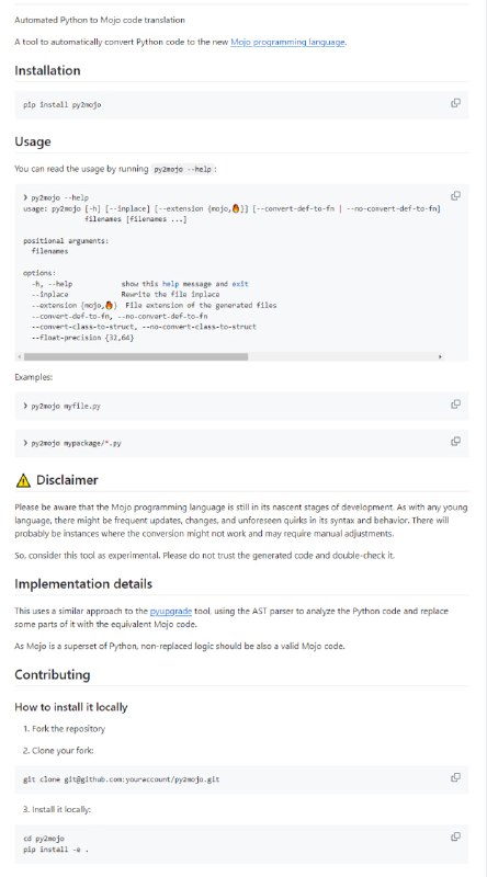 自动化Python到Mojo代码转换工具，可将Python代码自动转换为Mojo编程语言，支持基础数据类型转换及函数和类结构转换，适用于需要将Python代码迁移到Mojo语言的开发者py2mojo | #工具