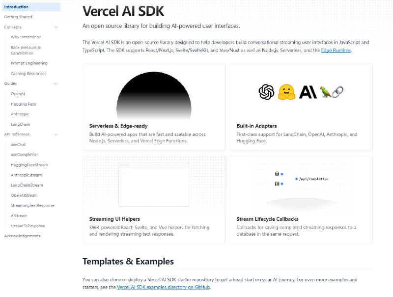 Vercel 在 GitHub 开源的一个 AI SDK，可帮你快速构建 AI 应用，包括 AI 对话、聊天界面、流式文本输出等功能