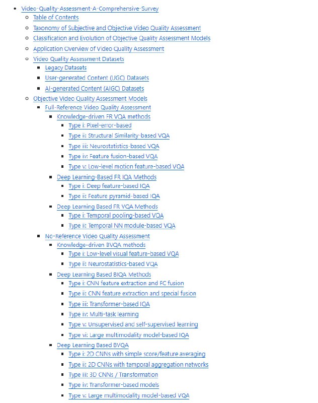 视频质量评估大全：一个全面的视频质量评估资源库，收集了与视频质量评估（VQA）相关的论文和资料，为研究人员提供了一个宝贵的参考平台视频质量评估大全：一个全面的视频质量评估资源库，收集了与视频质量评估（VQA）相关的论文和资料，为研究人员提供了一个宝贵的参考平台