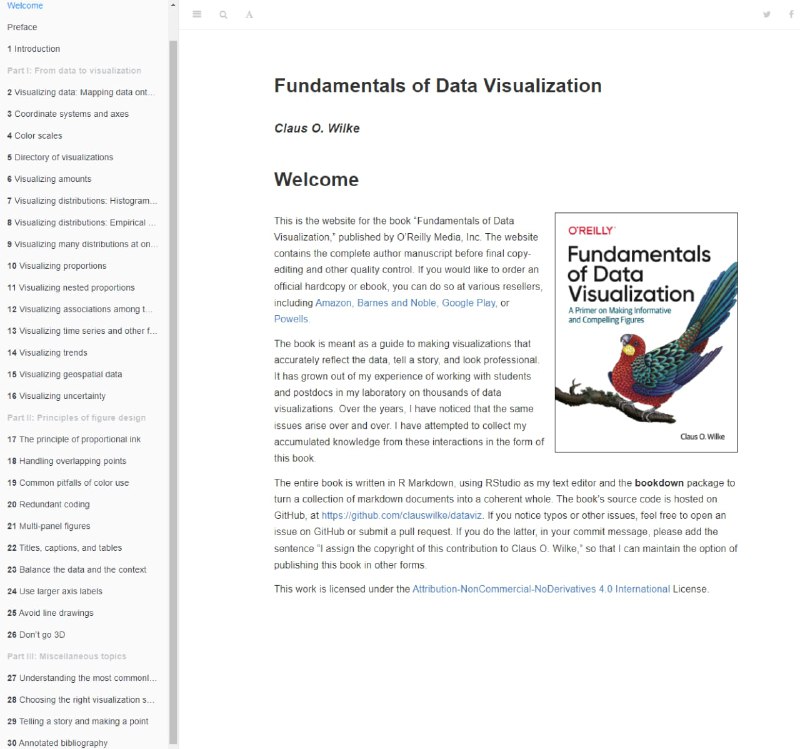Fundamentals of Data Visualization 数据可视化基础本书会带你了解诸多经常遇到的可视化问题，还会对如何将庞大的数据集转化为清晰明了、让人信服的图表提供指南在线访问 | #电子书