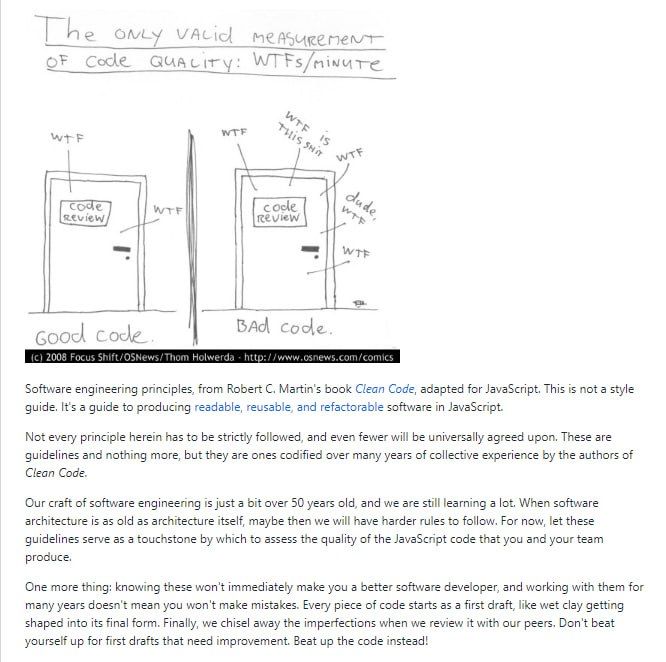代码整洁之道（JavaScript版本）作者根据 Robert C. Martin 《代码整洁之道》总结了适用于 JavaScript 的软件工程原则《Clean Code JavaScript》clean-code-javascript | 中文翻译：JavaScript 风格指南 代码整洁的 JavaScript