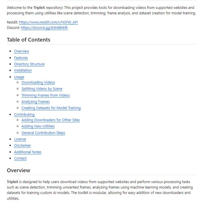 视频下载与处理工具包，支持从网站下载视频并进行场景检测、剪辑、帧分析等处理，助力AI模型训练数据集的创建TripleX by NSFW API | #工具视频下载与处理工具包，支持从网站下载视频并进行场景检测、剪辑、帧分析等处理，助力AI模型训练数据集的创建TripleX by NSFW API | #工具