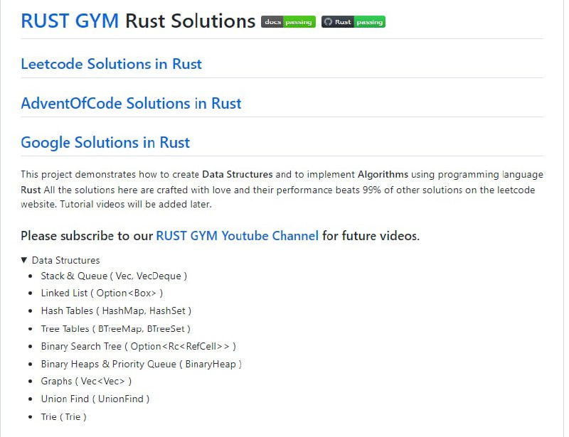 这个项目演示了如何使用编程语言Rust创建数据结构和实现算法 这里的所有解决方案都是用爱精心制作的，它们的性能超过了 leetcode 网站上 99% 的其他解决方案
