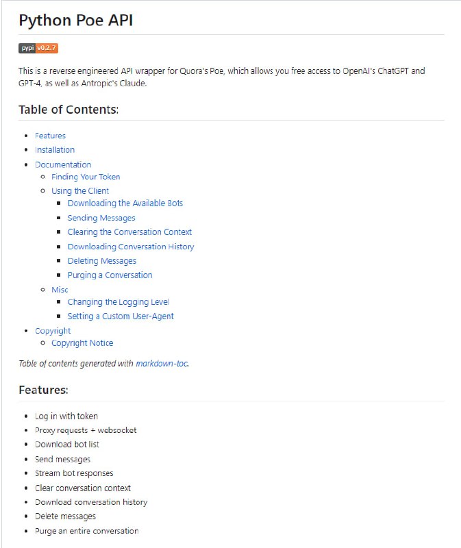 逆向工程版 Quora Poe API 封装，可免费访问OpenAI的ChatGPT和GPT-4，以及Antropic的ClaudePython Poe API