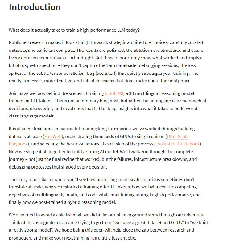 The Smol Training Playbook: The Secrets to Building World-Class LLMs一篇来自Hugging Face的推文详解了训练世界级大型语言模型（LLM）的关键秘诀