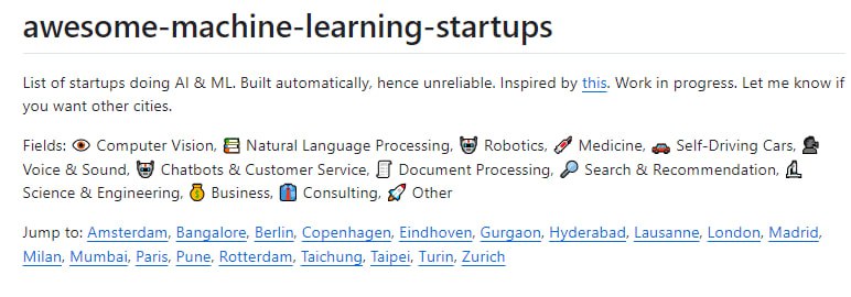 awesome-machine-learning-startups：一个全球AI和机器学习创业公司的精选列表，按城市和领域分类整理