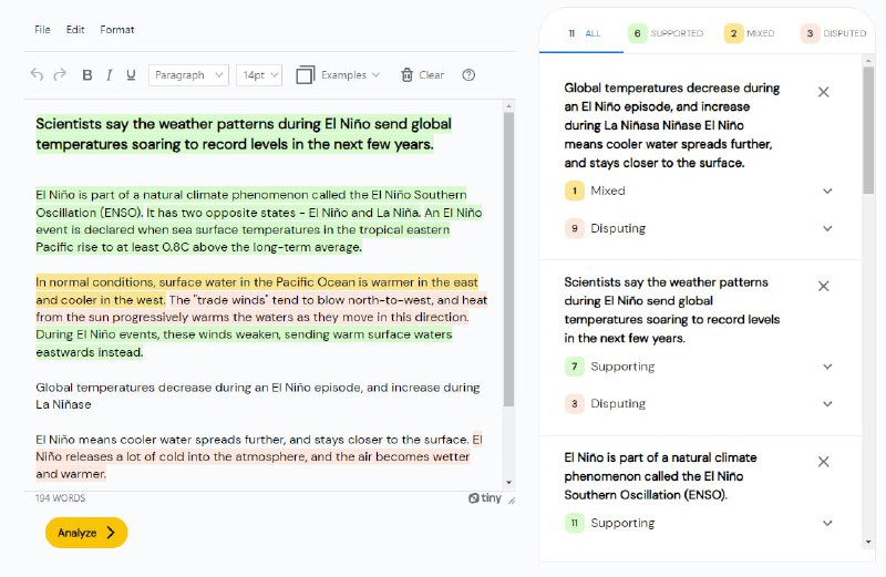 一个在线文本编辑器，可以帮助记者和媒体专业人员实时验证新闻的准确性，提高报道的可信度和可靠性，快速检测有偏见或误导性信息，从而促进细致而可靠的报道，还可以检测由人或聊天机器人(如ChatGPT)创建的任何文本中的错误、偏见、争议和虚假信息